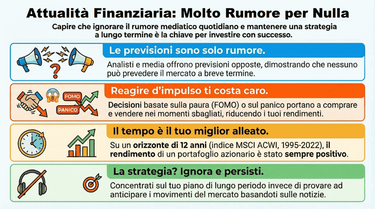 Infografica Attualità finanziaria: molto rumore per nulla. Le previsioni sono rumore, reagire d’impulso riduce i rendimenti, il tempo è un alleato (MSCI ACWI 1995–2022: su 12 anni rendimento sempre positivo) e la strategia è ignorare il rumore e restare coerenti con il piano di lungo periodo.