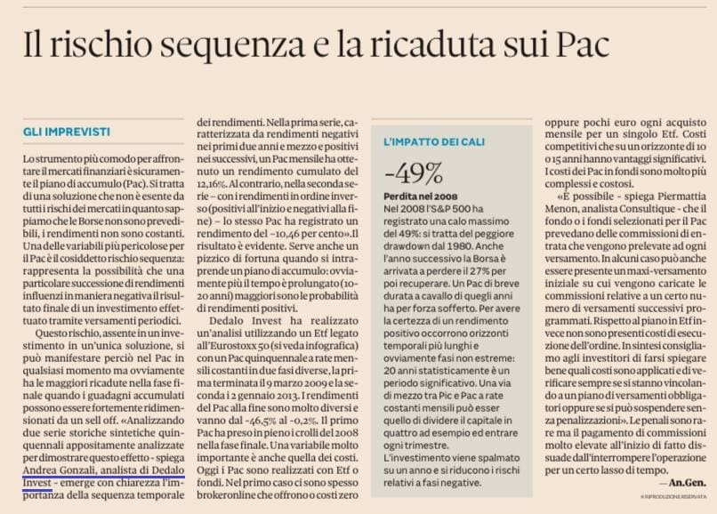 Plus 12 04 2025 Il sole 24 ore Dedalo Invest il rischio sequenza