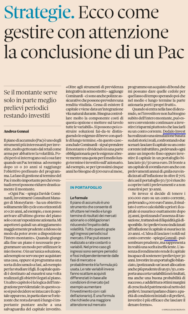 Plus 17 05 2025 Il sole 24 ore Dedalo Invest conclusione pac